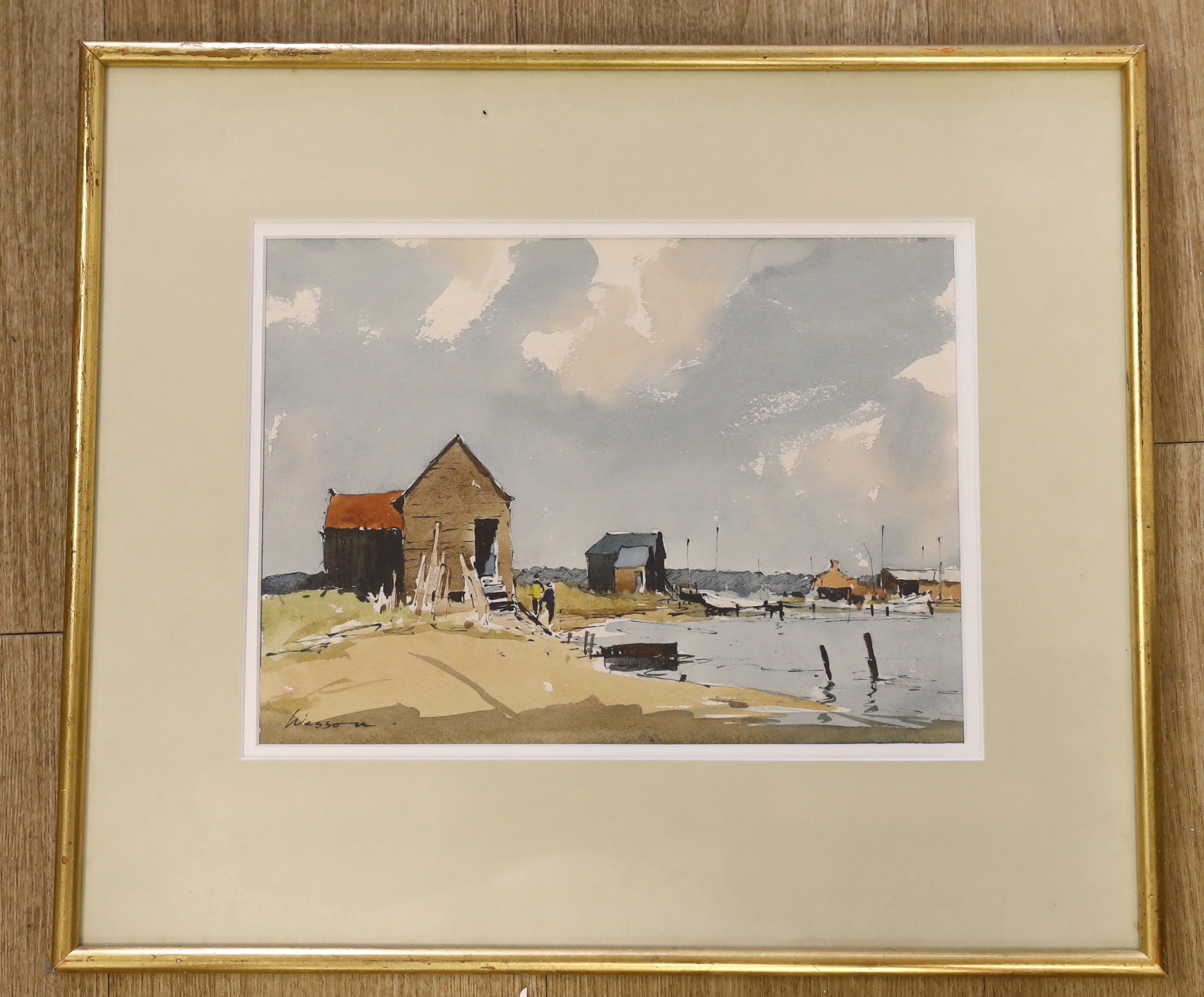 Edward Wesson (1910-1983) watercolour, 'Walberswick, Suffolk', stamp and Gallery Thirty Three label verso, 29 x 21cm